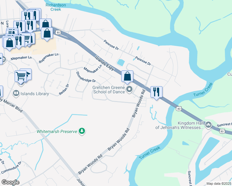 map of restaurants, bars, coffee shops, grocery stores, and more near 20 Flagship Court in Savannah