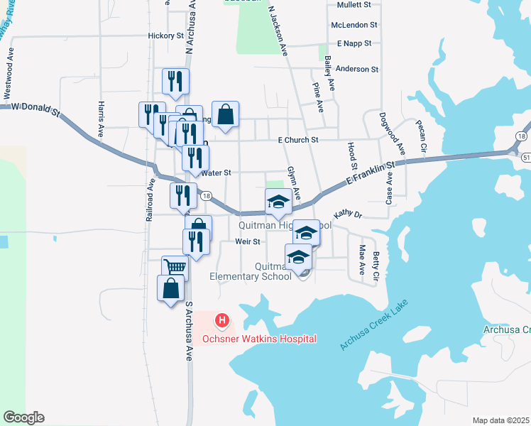 map of restaurants, bars, coffee shops, grocery stores, and more near 300 East Franklin Street in Quitman