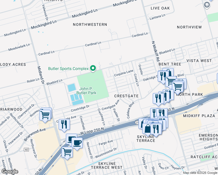 map of restaurants, bars, coffee shops, grocery stores, and more near 3701 Bermuda Court in Midland