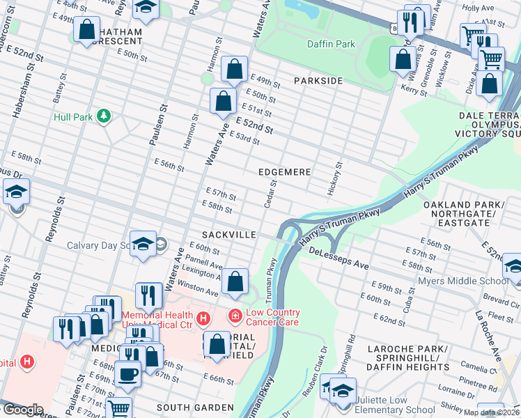 map of restaurants, bars, coffee shops, grocery stores, and more near 1320 East 57th Street in Savannah