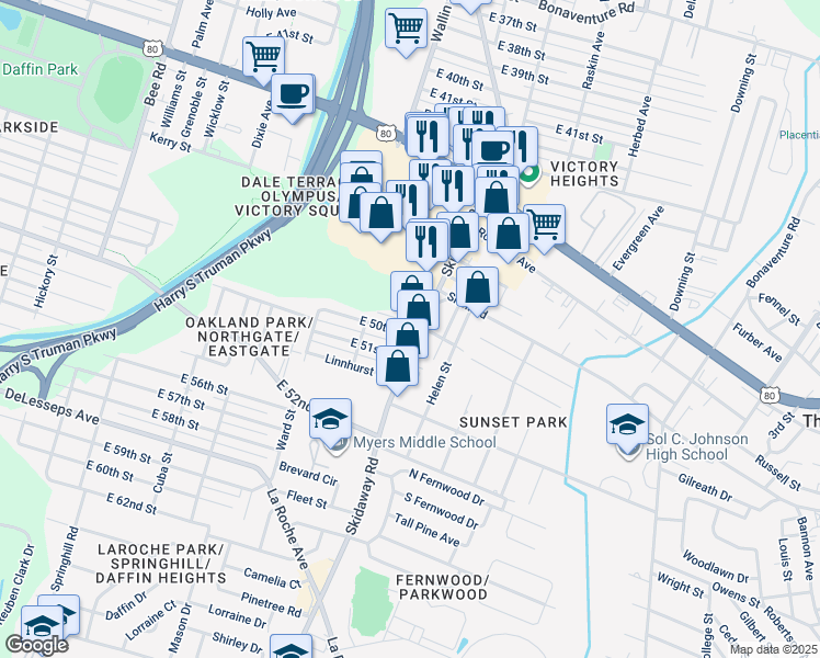 map of restaurants, bars, coffee shops, grocery stores, and more near 2024 East 50th Street in Savannah