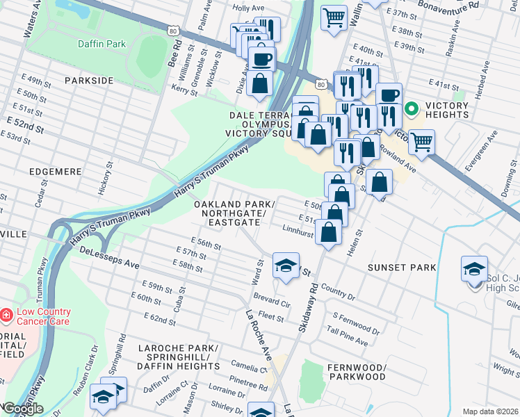map of restaurants, bars, coffee shops, grocery stores, and more near 1836 East 51st Street in Savannah