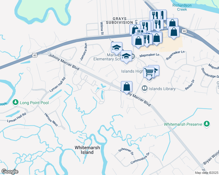 map of restaurants, bars, coffee shops, grocery stores, and more near 1002 Hammocks View in Savannah