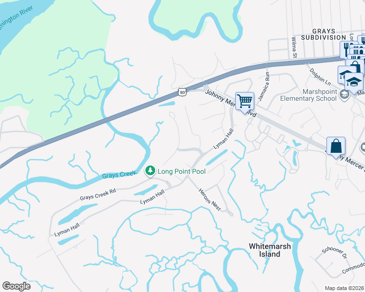 map of restaurants, bars, coffee shops, grocery stores, and more near 111 Goette Trail in Savannah