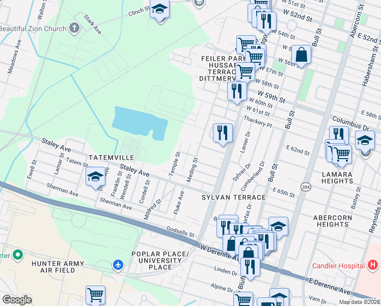 map of restaurants, bars, coffee shops, grocery stores, and more near 4720 Dancy Street in Savannah