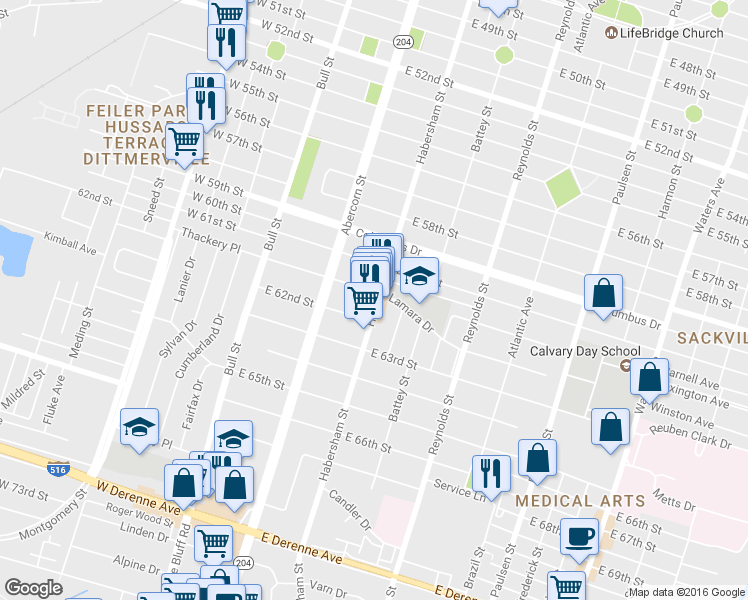 map of restaurants, bars, coffee shops, grocery stores, and more near 101 East 61st Street in Savannah