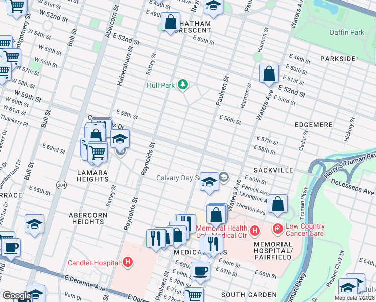 map of restaurants, bars, coffee shops, grocery stores, and more near 536 Columbus Drive in Savannah