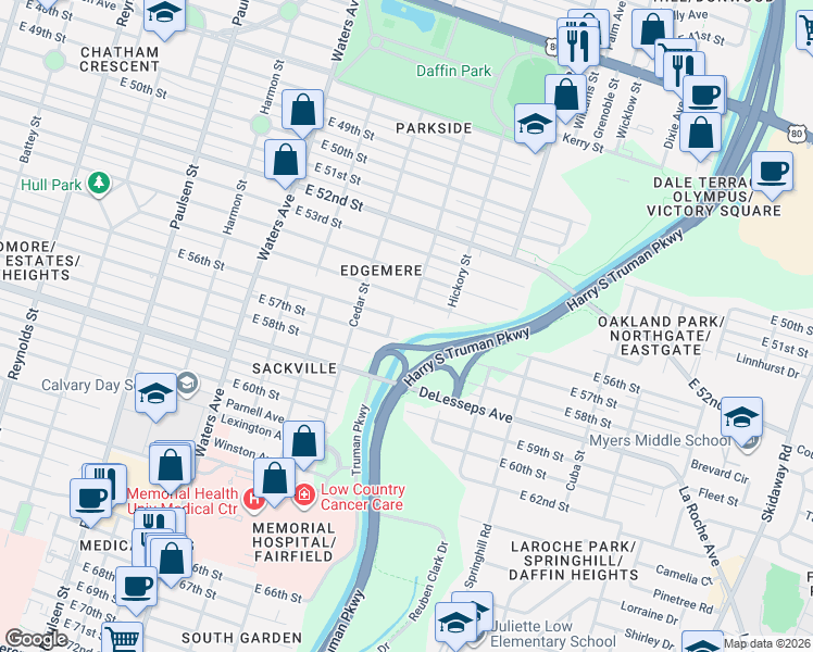 map of restaurants, bars, coffee shops, grocery stores, and more near 1501 East 56th Street in Savannah