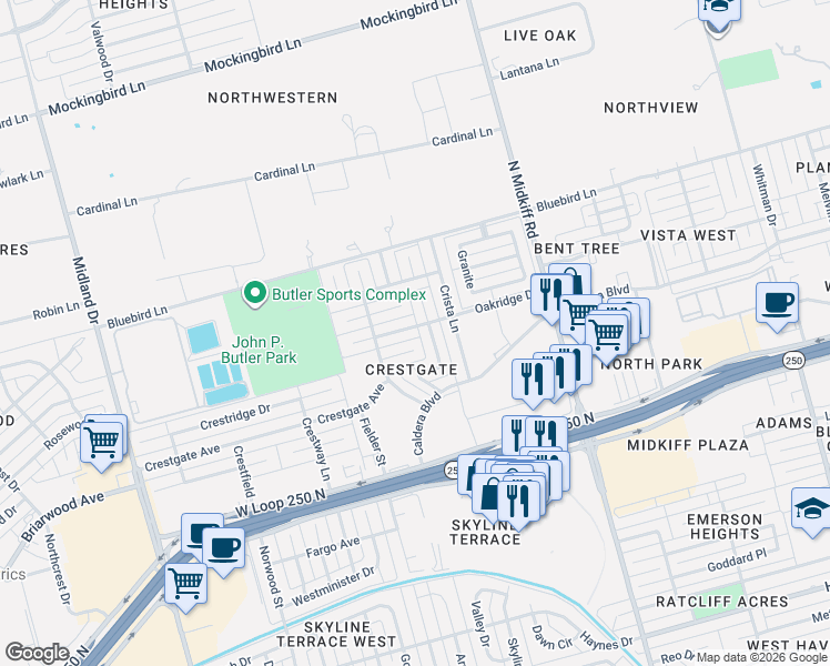 map of restaurants, bars, coffee shops, grocery stores, and more near 3601 Oakridge Dr in Midland