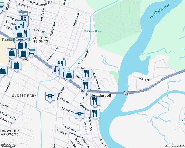map of restaurants, bars, coffee shops, grocery stores, and more near 2601 Dogwood Avenue in Savannah
