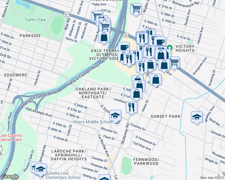 map of restaurants, bars, coffee shops, grocery stores, and more near 1905 East 50th Street in Savannah