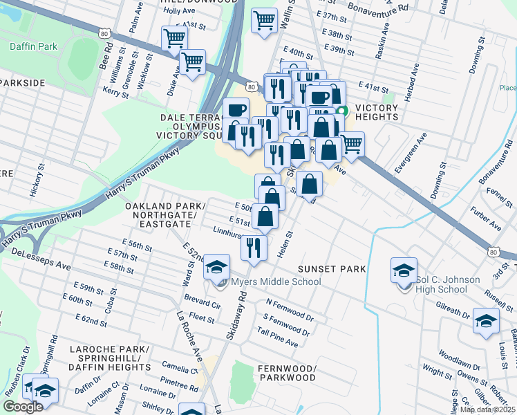 map of restaurants, bars, coffee shops, grocery stores, and more near 2024 East 50th Street in Savannah