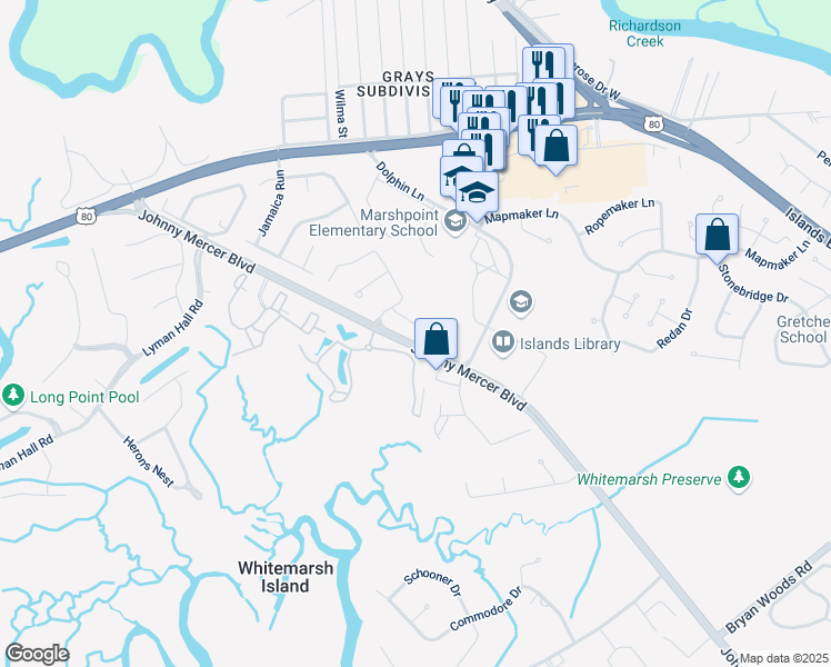 map of restaurants, bars, coffee shops, grocery stores, and more near 5 Autumn Leaves Court in Savannah