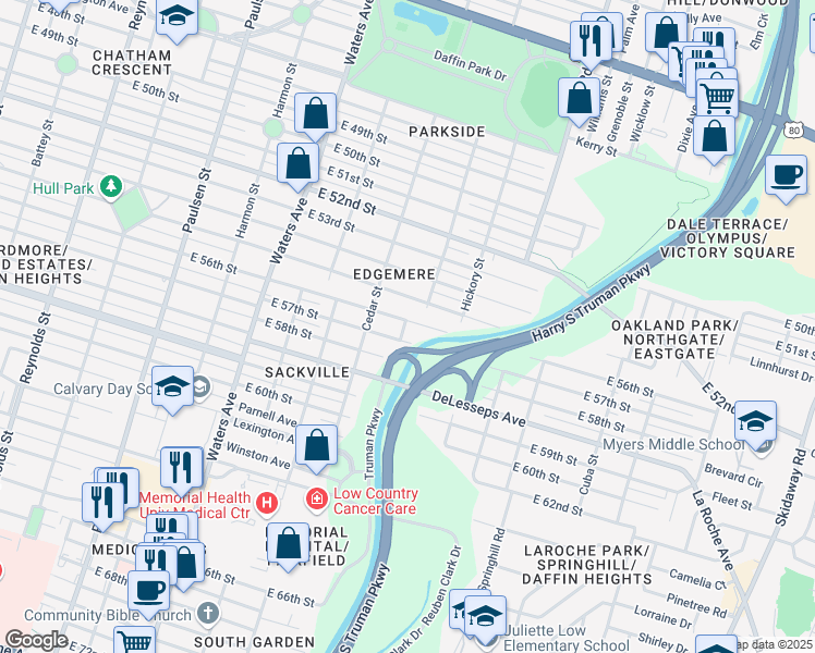 map of restaurants, bars, coffee shops, grocery stores, and more near 1501 East 56th Street in Savannah