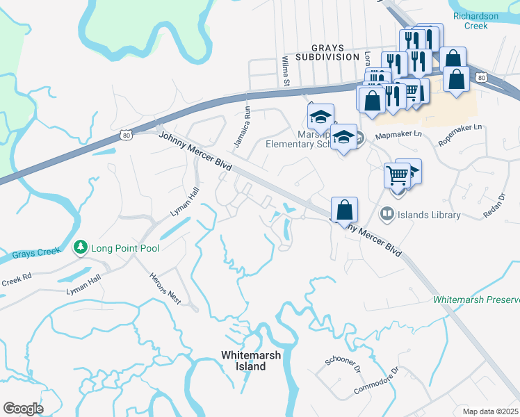 map of restaurants, bars, coffee shops, grocery stores, and more near 2036 Whitemarsh Way in Savannah
