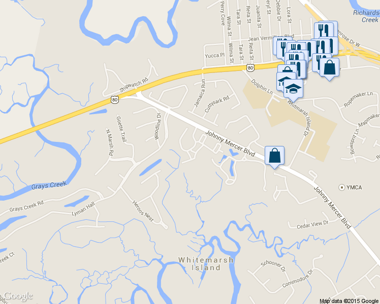map of restaurants, bars, coffee shops, grocery stores, and more near 2612 Whitemarsh Way in Savannah