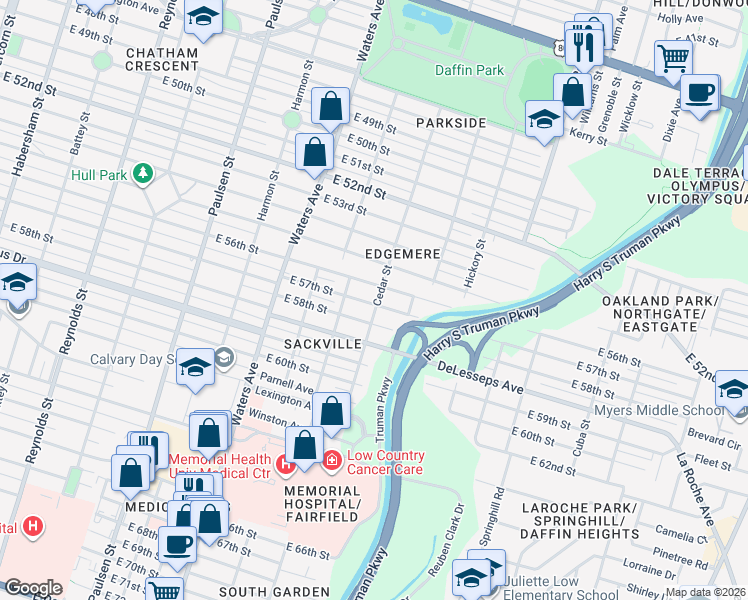 map of restaurants, bars, coffee shops, grocery stores, and more near 1320 East 57th Street in Savannah