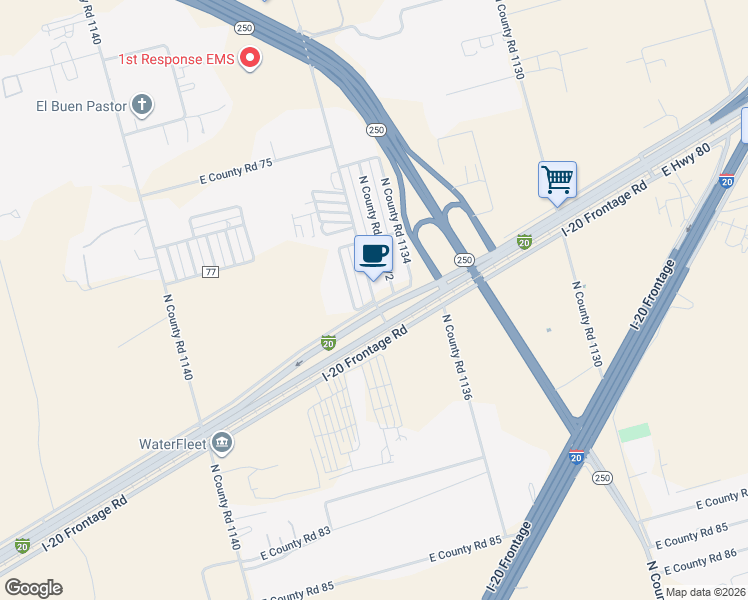 map of restaurants, bars, coffee shops, grocery stores, and more near 2001 North County Road 1135 in Midland