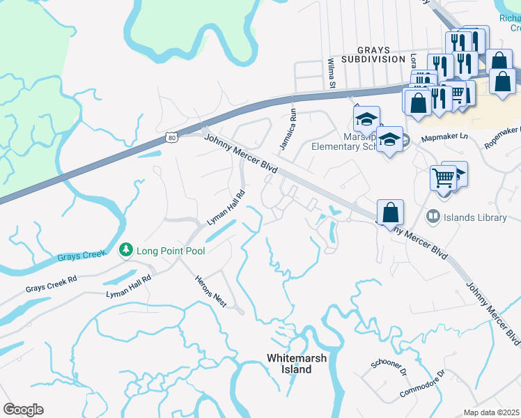 map of restaurants, bars, coffee shops, grocery stores, and more near 2736 Whitemarsh Way in Savannah