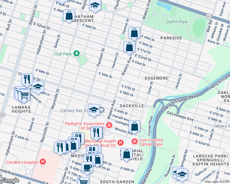 map of restaurants, bars, coffee shops, grocery stores, and more near 723 East 57th Street in Savannah