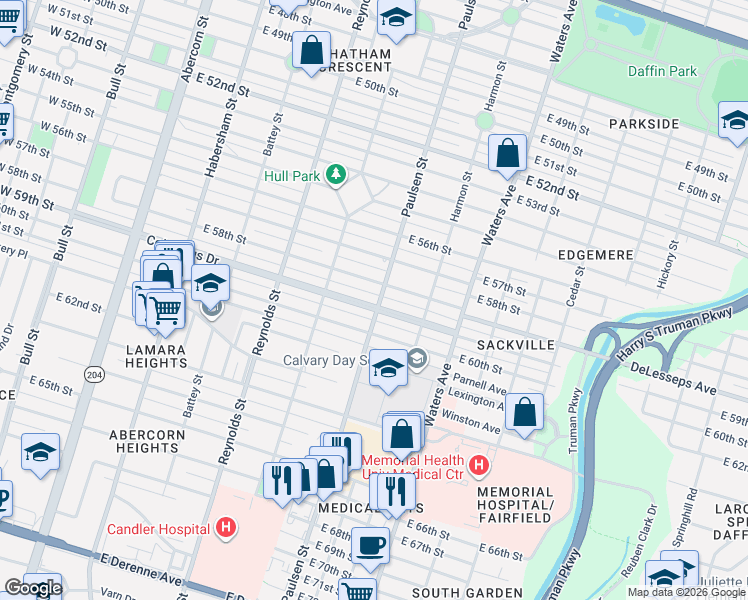 map of restaurants, bars, coffee shops, grocery stores, and more near 536 Columbus Drive in Savannah