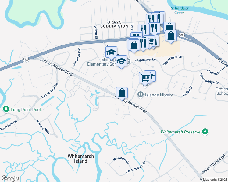 map of restaurants, bars, coffee shops, grocery stores, and more near 5 Autumn Leaves Court in Savannah