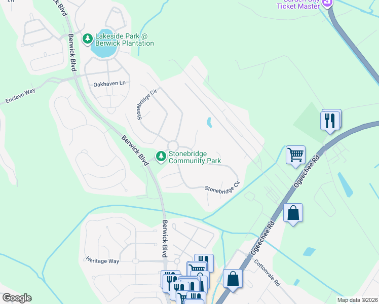 map of restaurants, bars, coffee shops, grocery stores, and more near 413 Stonebridge Circle in Savannah