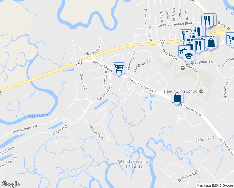 map of restaurants, bars, coffee shops, grocery stores, and more near 2736 Whitemarsh Way in Savannah