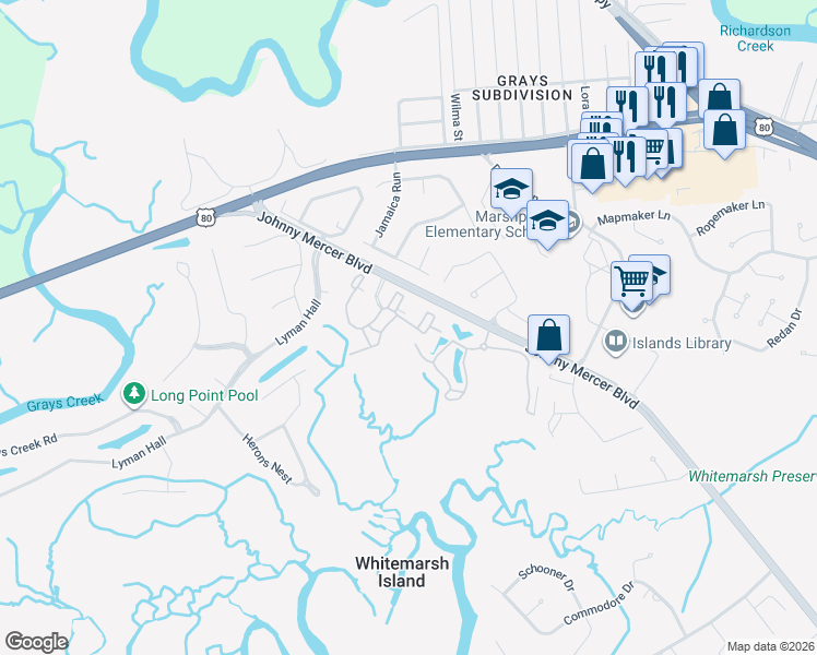 map of restaurants, bars, coffee shops, grocery stores, and more near 2031 Whitemarsh Way in Savannah