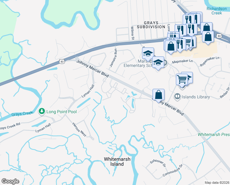 map of restaurants, bars, coffee shops, grocery stores, and more near 2122 Whitemarsh Way in Savannah