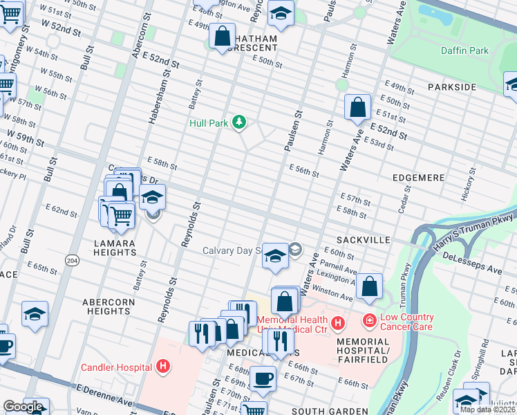 map of restaurants, bars, coffee shops, grocery stores, and more near 536 Columbus Drive in Savannah