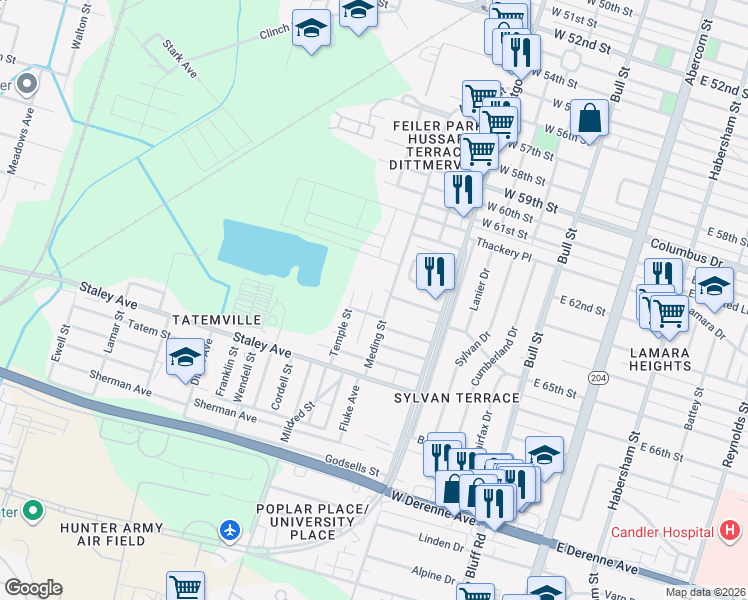 map of restaurants, bars, coffee shops, grocery stores, and more near 4720 Dancy Street in Savannah