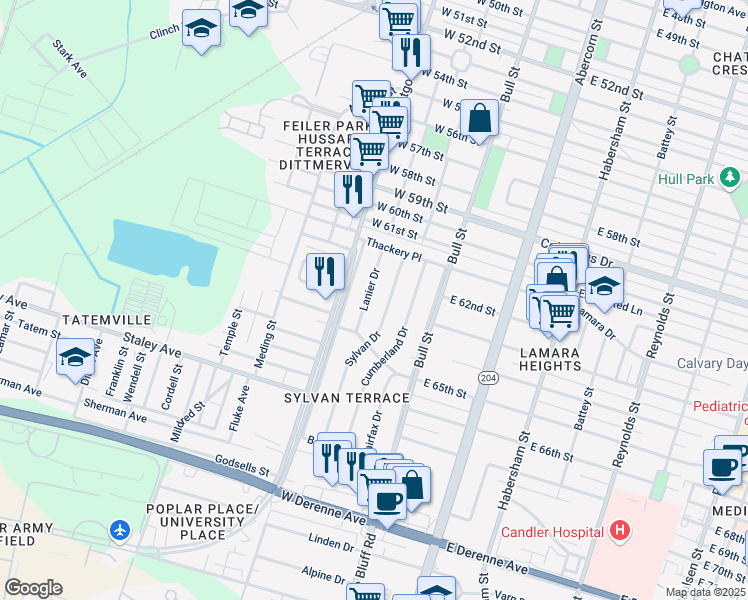 map of restaurants, bars, coffee shops, grocery stores, and more near 4634 Lanier Drive in Savannah