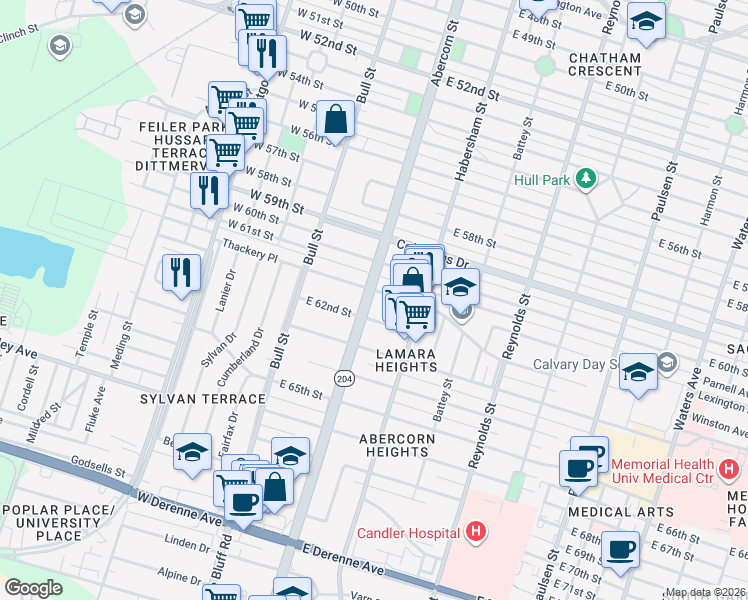map of restaurants, bars, coffee shops, grocery stores, and more near 4512 Abercorn Street in Savannah