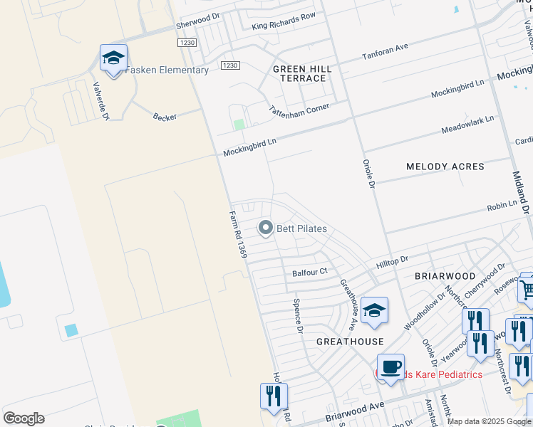map of restaurants, bars, coffee shops, grocery stores, and more near 5305 Deer Run Avenue in Midland