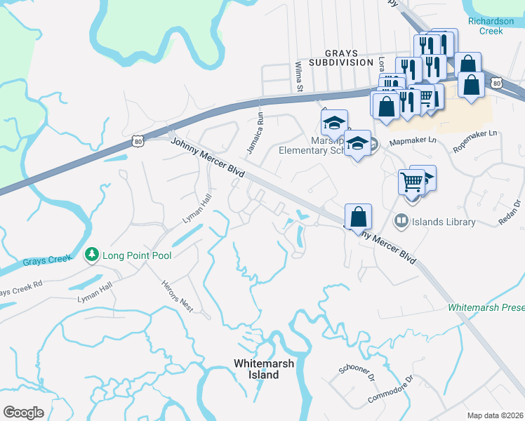 map of restaurants, bars, coffee shops, grocery stores, and more near 2031 Whitemarsh Way in Savannah