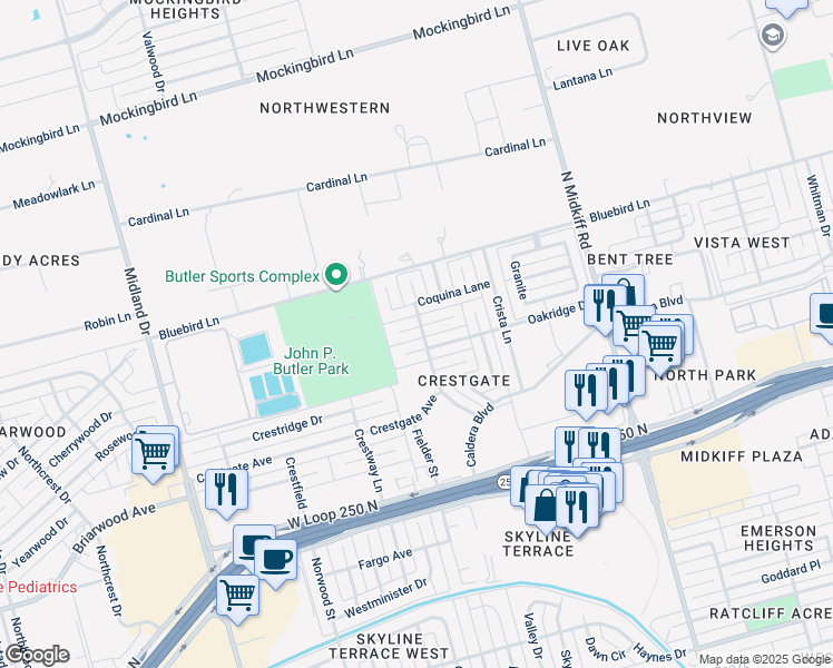 map of restaurants, bars, coffee shops, grocery stores, and more near 3701 Bermuda Court in Midland