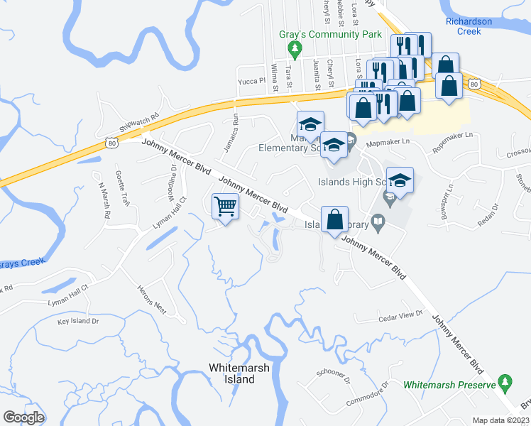 map of restaurants, bars, coffee shops, grocery stores, and more near 1737 Whitemarsh Way in Savannah