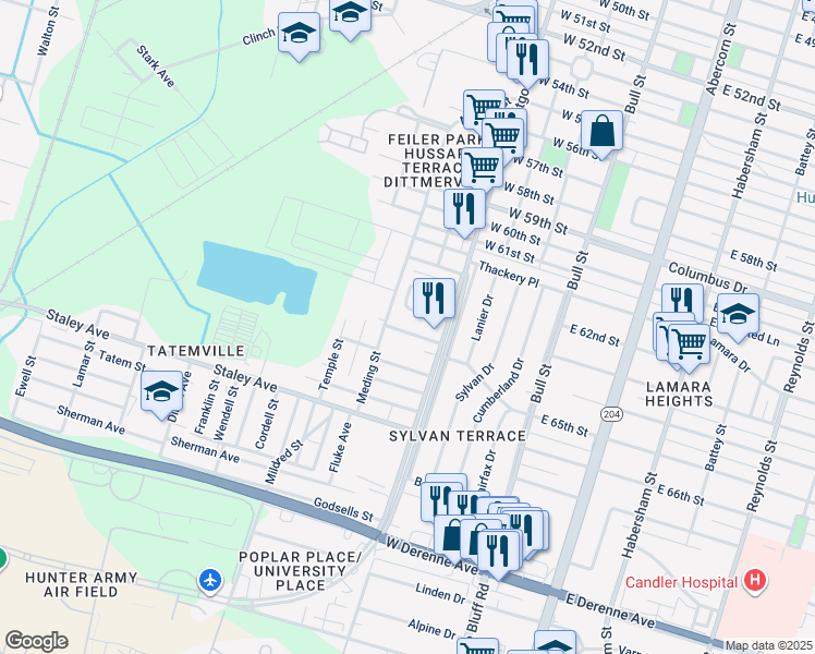 map of restaurants, bars, coffee shops, grocery stores, and more near 416 McKenzie Place in Savannah