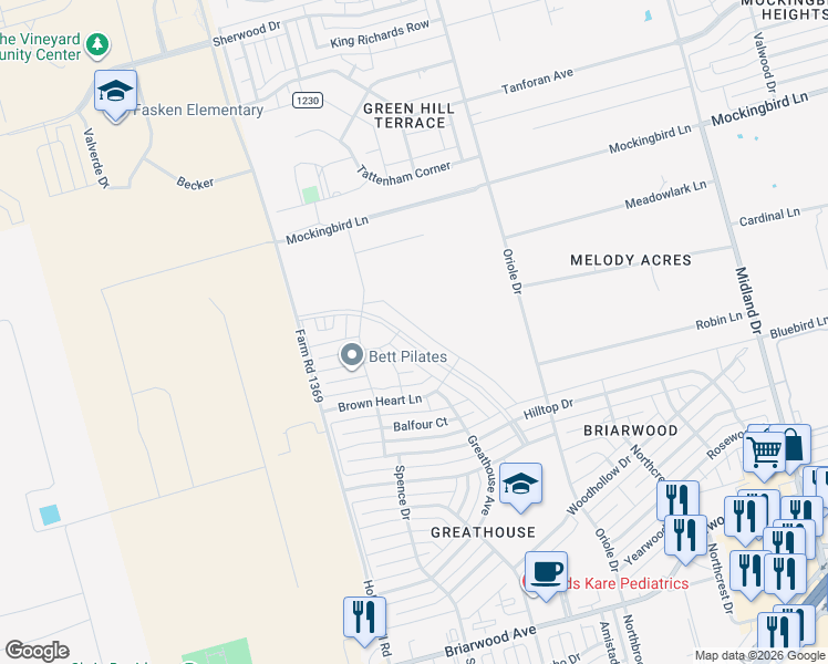 map of restaurants, bars, coffee shops, grocery stores, and more near 5305 Deer Run Avenue in Midland