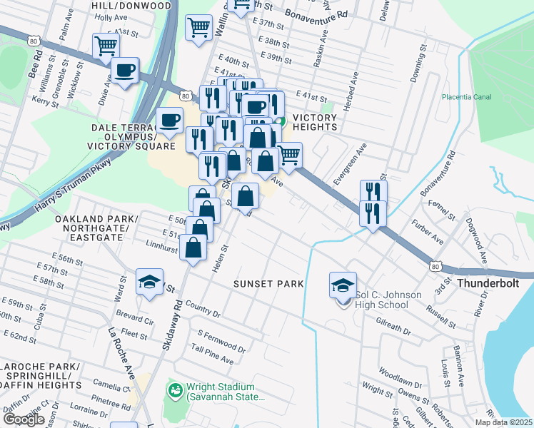map of restaurants, bars, coffee shops, grocery stores, and more near 2205 Clars Avenue in Savannah