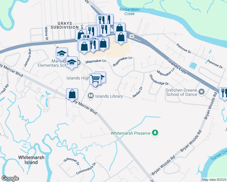 map of restaurants, bars, coffee shops, grocery stores, and more near 5 Bowsprit Court in Savannah