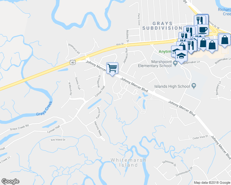 map of restaurants, bars, coffee shops, grocery stores, and more near 2612 Whitemarsh Way in Savannah