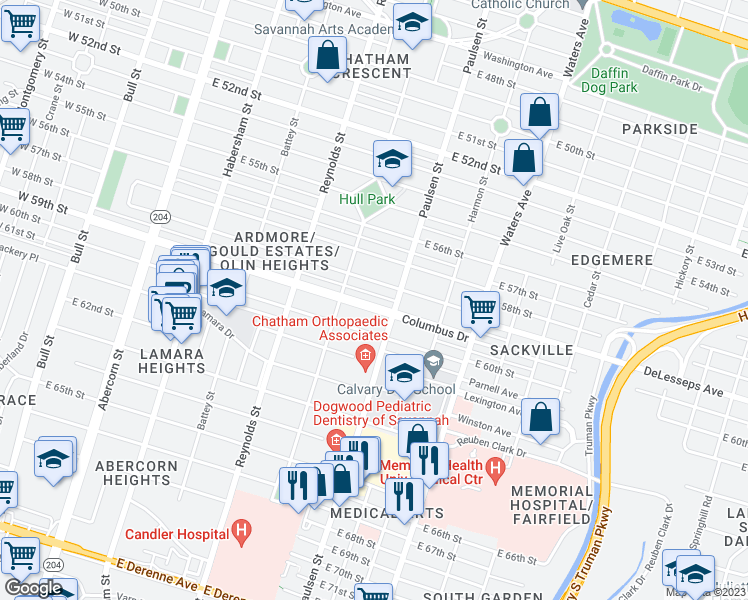 map of restaurants, bars, coffee shops, grocery stores, and more near 536 Columbus Drive in Savannah
