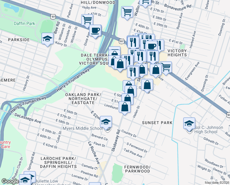 map of restaurants, bars, coffee shops, grocery stores, and more near 1936 East 50th Street in Savannah