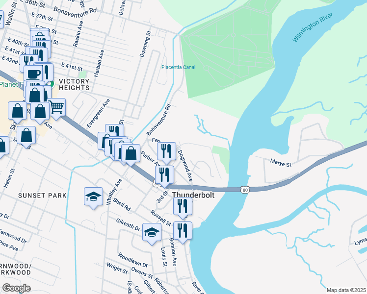 map of restaurants, bars, coffee shops, grocery stores, and more near 2601 Dogwood Avenue in Savannah