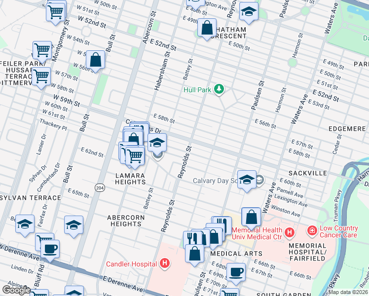 map of restaurants, bars, coffee shops, grocery stores, and more near 328 East 60th Street in Savannah