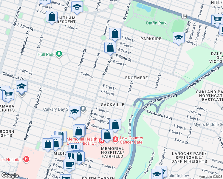 map of restaurants, bars, coffee shops, grocery stores, and more near 1120 East 58th Street in Savannah