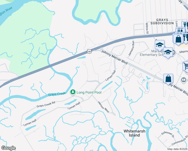 map of restaurants, bars, coffee shops, grocery stores, and more near 111 Goette Trail in Savannah