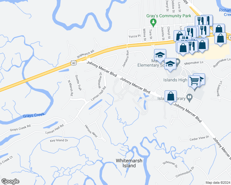 map of restaurants, bars, coffee shops, grocery stores, and more near 2817 Whitemarsh Way in Savannah